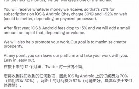 马斯克公告 Twitter Blue 赚钱方式：未来 12 个月不收取佣金